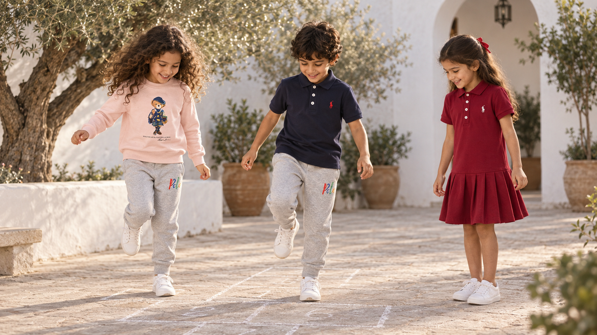 Des enfants jouent à la marelle dans les tenues de la collection Outletoria.